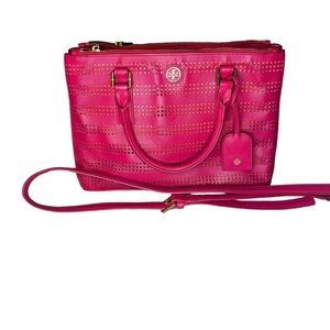 TORY BURCH HOT PINK SATCHEL TOTE BAG PERFORATED W STRAP AND DUST BAG